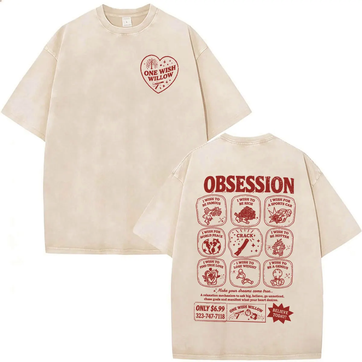T-shirts vintage délavés Movie Obsession One Wish Willow pour hommes et femmes, vêtements gothiques décontractés en coton, t-shirts à manches courtes surdimensionnés