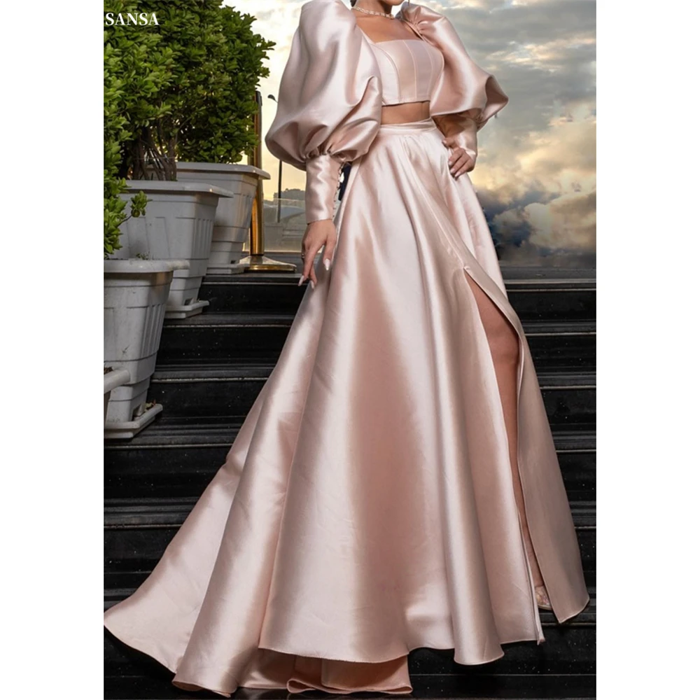 

Sansa Customized Pink Square Collar Side Split A-line Prom Dresses Puff Sleeve Vestidos De Noche Floor-Length Formal Evening