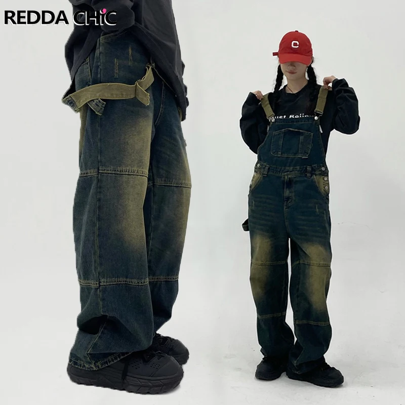 

Женский джинсовый комбинезон REDDACHiC с контрастными лямками, винтажный комбинезон Y2k, комбинезон с карманами и широкими штанинами, комбинезоны, повседневная одежда для работы