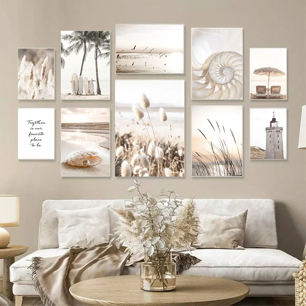 

Sea Beach Birds Surfboard Shell Reed Wall Art Canvas Painting Beige Landscape Posters And Prints Nordic Wall Pictures Home Decor