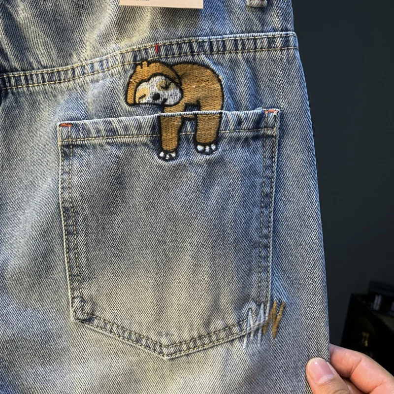 2024new summer casual shorts men's plus size light color fifth jeans trendy embroidery high-end straight short pants