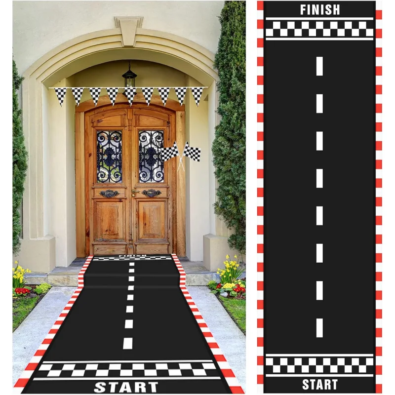 VIKAMA Racing Track Photo Booth Mat Non-Slip Portable Race Road Rug for Car Themed Wedding Birthday Party Home Decoration