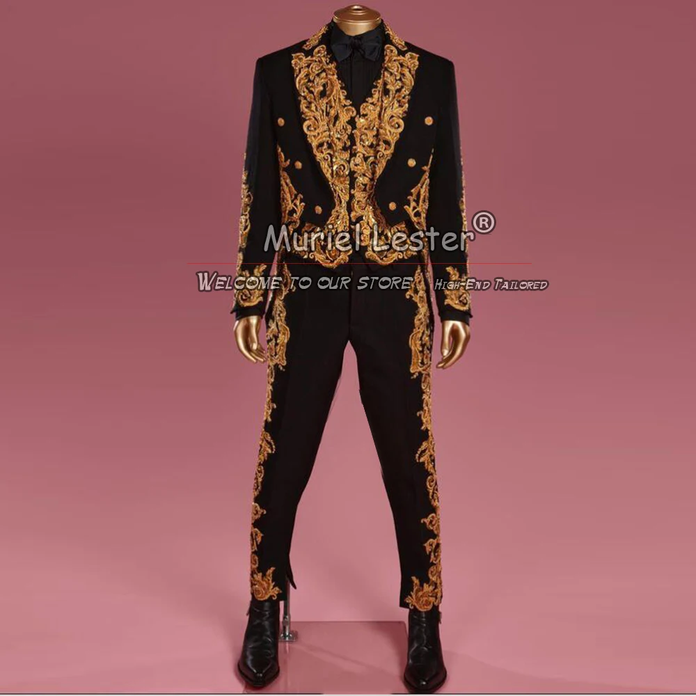 Italian Design Suits Men For Wedding Luxury Gold Appliques Prom Blazers Tailor Made 2 Pieces Groom Tuxedos Man Fashion Clothing