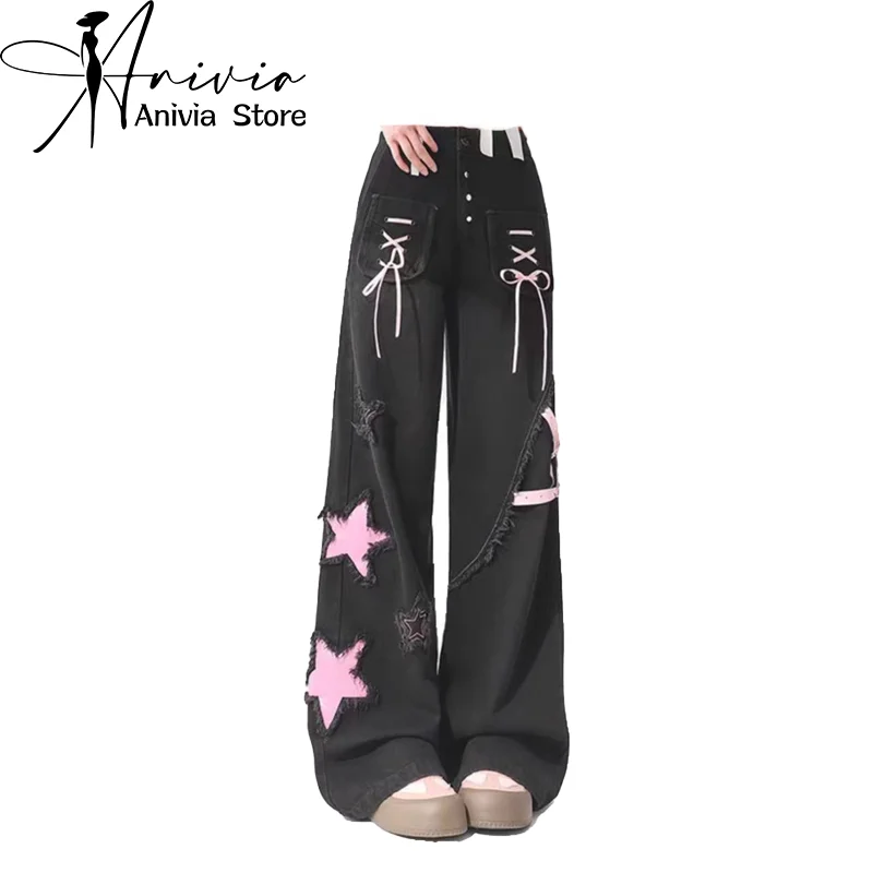 

Women Black Goth Star Jeans Baggy Harajuku Denim Trouser Y2k Japanese 2000s Style Emo Jean Pants Vintage Trashy Oversize Clothes