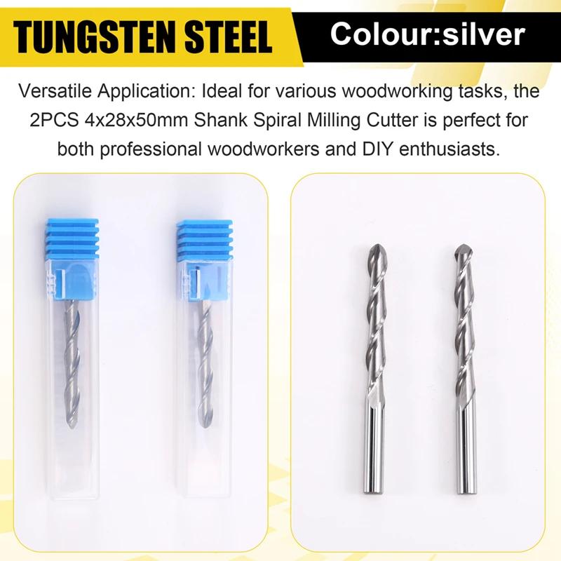 AT51-2PCS 4X28x50mm Shank Spiral Milling Cutter CNC Engraving Carving Router Bit For Woodworking Tool