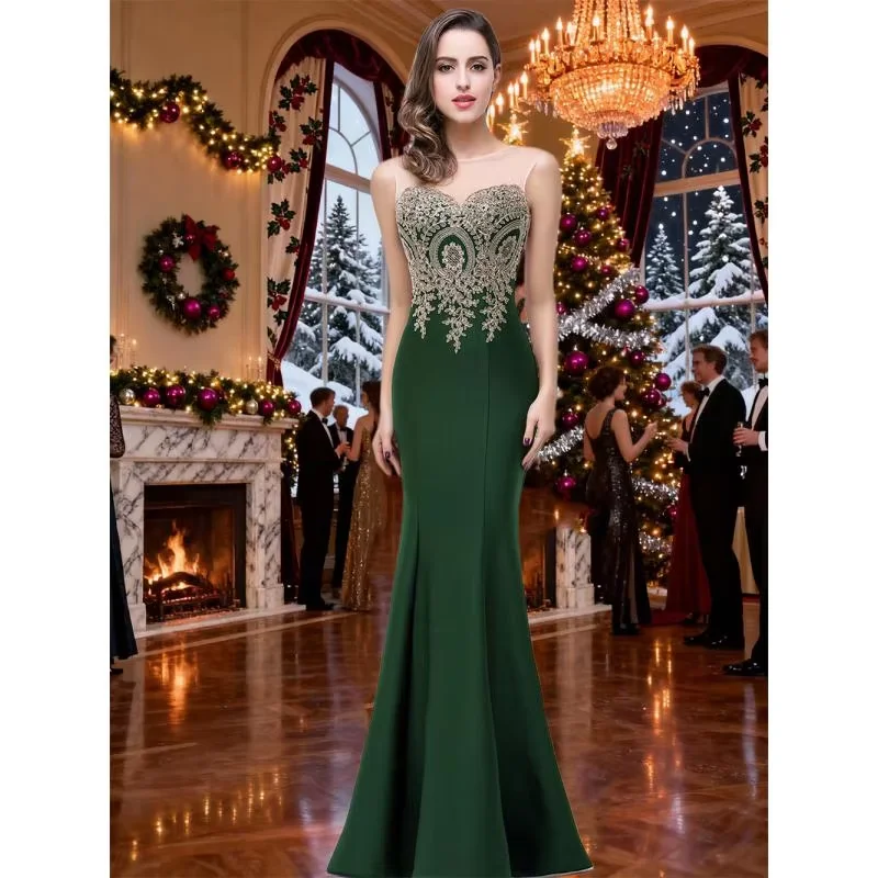 Abiti da sera eleganti a sirena verde scuro Illusion Sweetheart Abiti da ballo con applicazioni dorate per Natale e feste CPS262