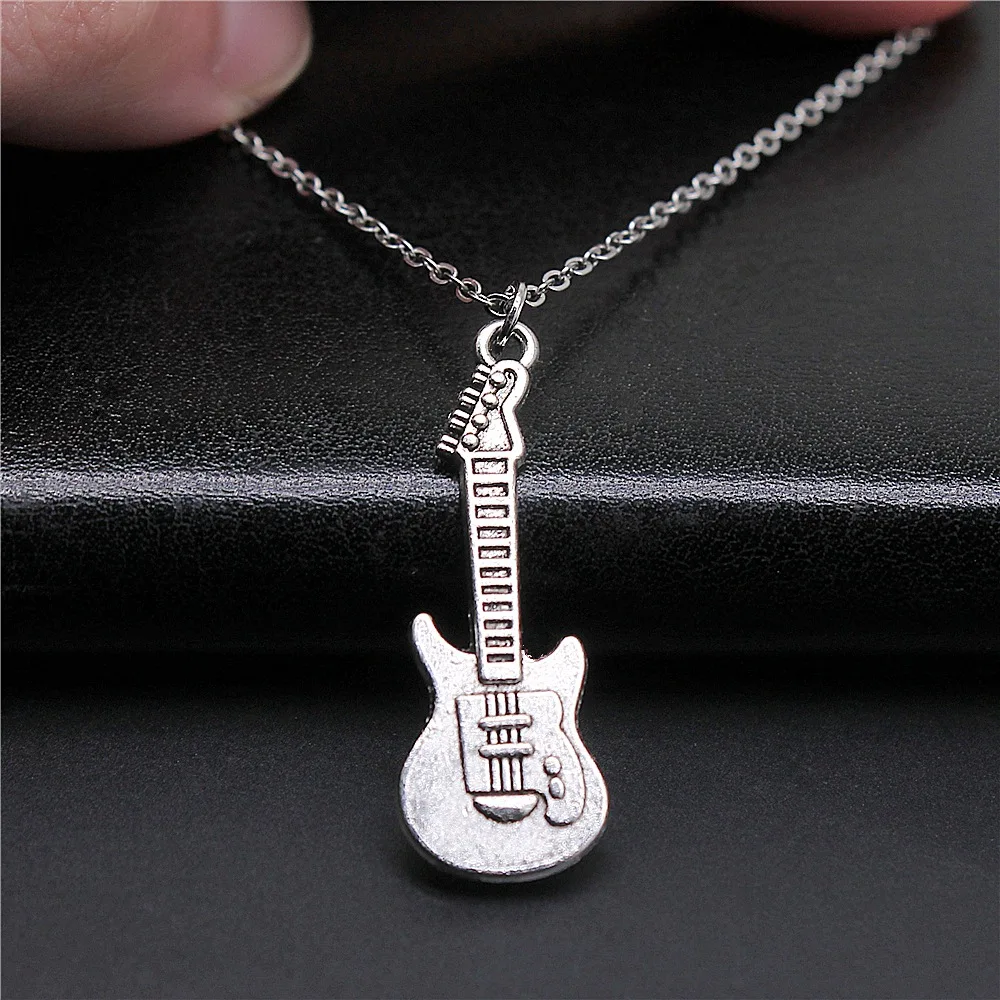 Simple Classic Fashion 12x35mm Antique Silver Color Guitar Pendant Girl Women Short Chain Necklaces Choker Necklace