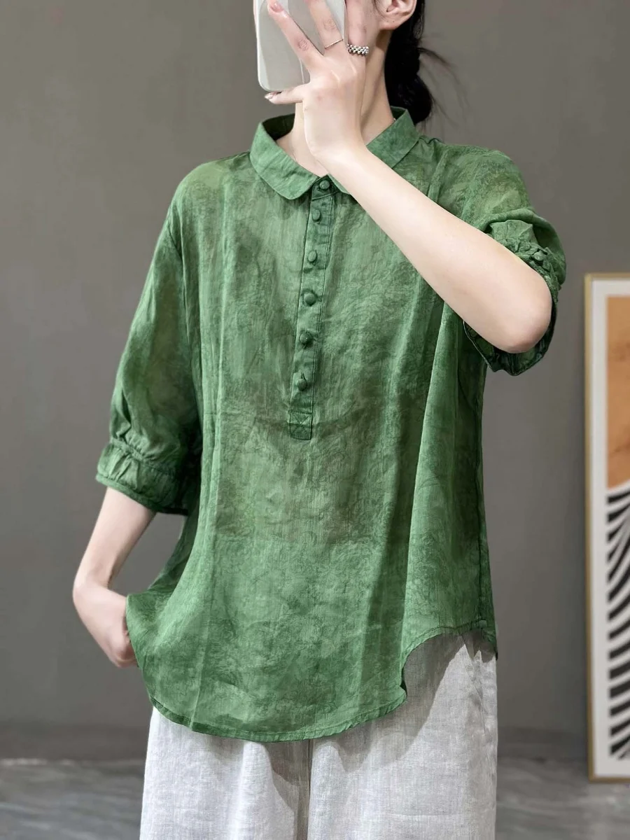 

Loose Fit Cotton Linen irt Women's Summer ort Sve Slimming Versatile Trendy Collar Regular Length Faionable Sun...