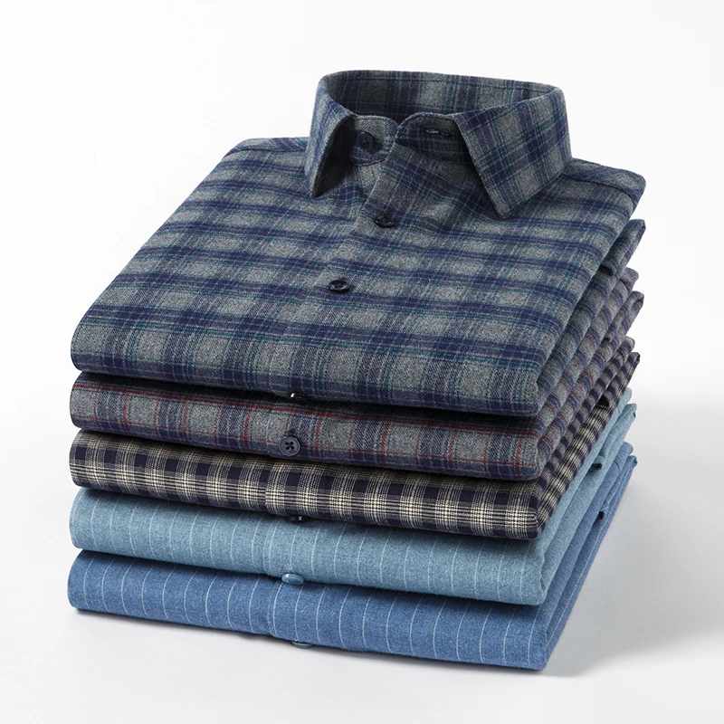 

100%cotton plaid long sleeve shirts for men slim fit casual plain shirt single pocket soft designer tops vintage striped clothes