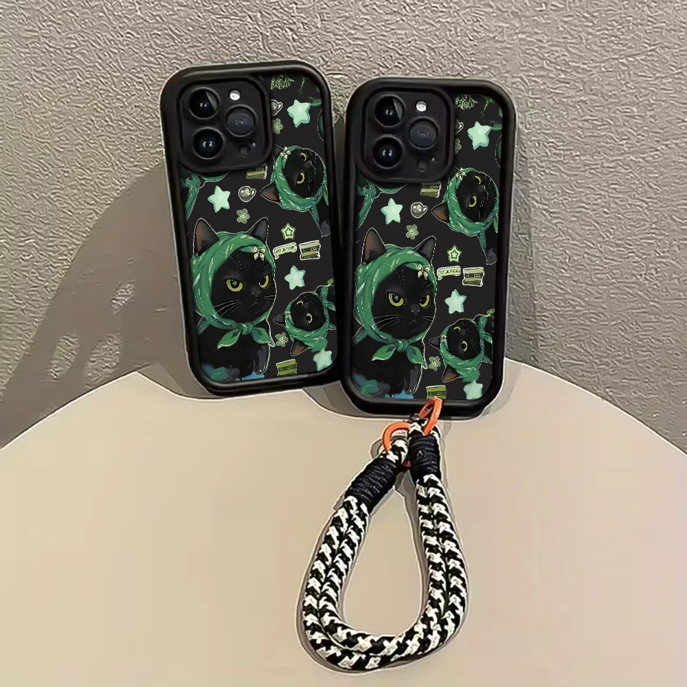 Grüne Kopftuch-Katzen-Handyhülle mit Trageband für iPhone 12 13 14 15 16 17 Pro Max 15 14 13 Plus 17E Stoßfeste Matte Silikonhülle – Detail 2