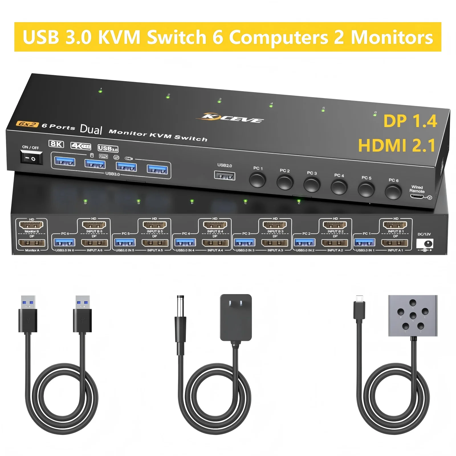 KVM Switch 2 Monitors 6/4/3/2 Computers HDMI+DisplayPort,KCEVE USB 3.0 DP KVM Switcher 8K@60Hz/4K@144Hz Share 4 USB 3.0 Devices