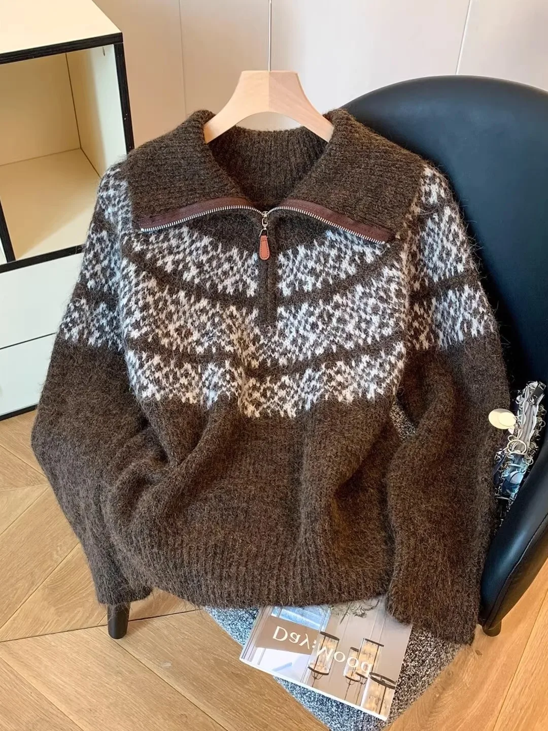 

Retro Fair Isle Knit Sweater Women's Autumn Winter Design Sense f Zip Thiened Loose Knitted Top for Girls