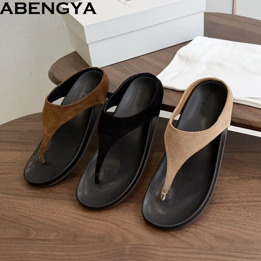 Summer Flip Flops Women's Slippers Suede Leather Slides Mules Holiday Beach Shoes Women Platform Flat Slippers Woman