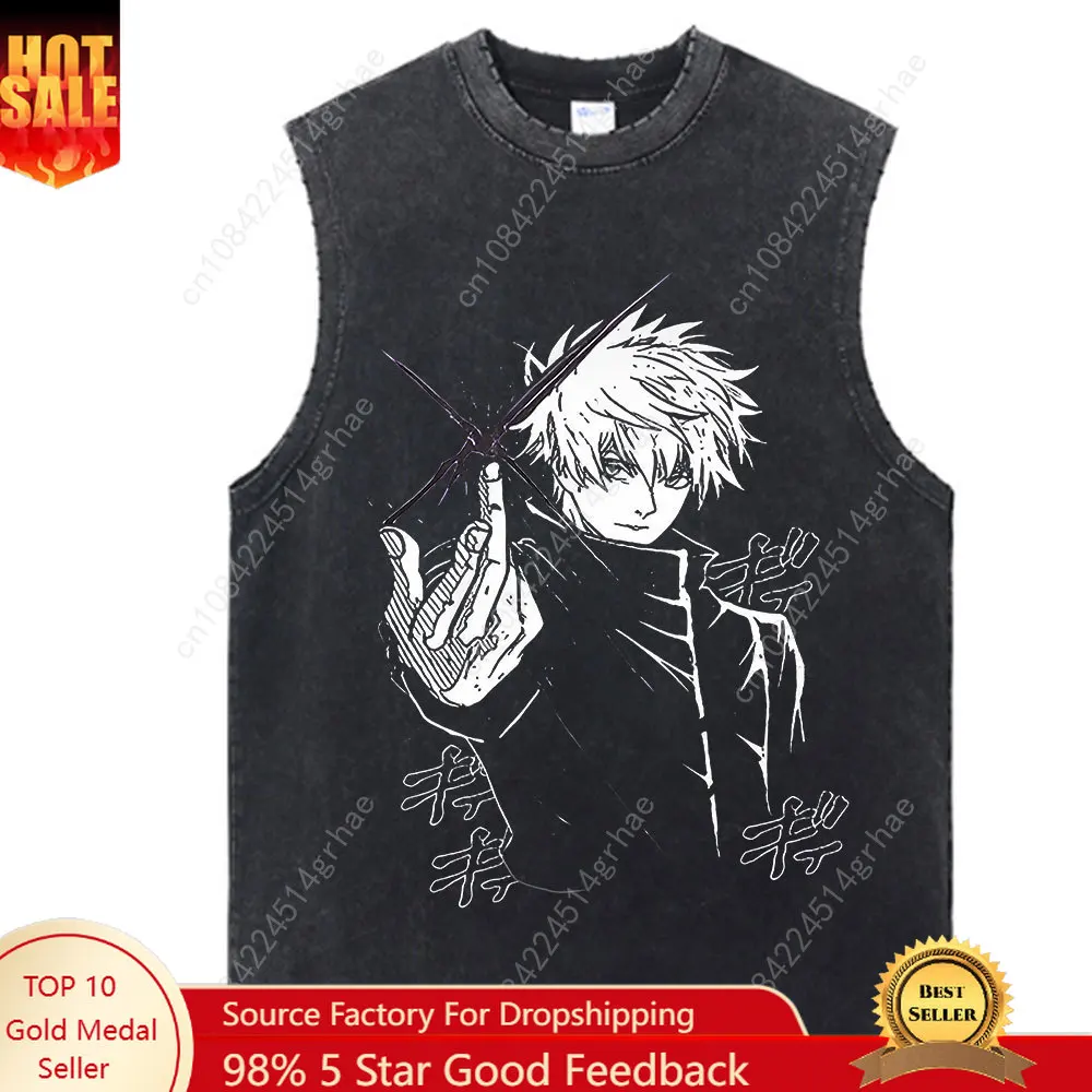 

Vintage Cotton Black Summer Wash Vest Anime Print Washed Tank Top Harajuku Hip Hop Streetwear Unisex Tops