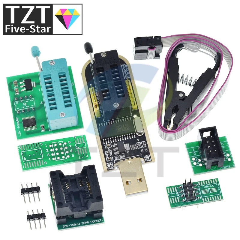 TZT CH341A CH341B 24 25 Series EEPROM Flash BIOS USB Programmer Module + SOIC8 SOP8 Test Clip For EEPROM 93CXX / 25CXX / 24CXX