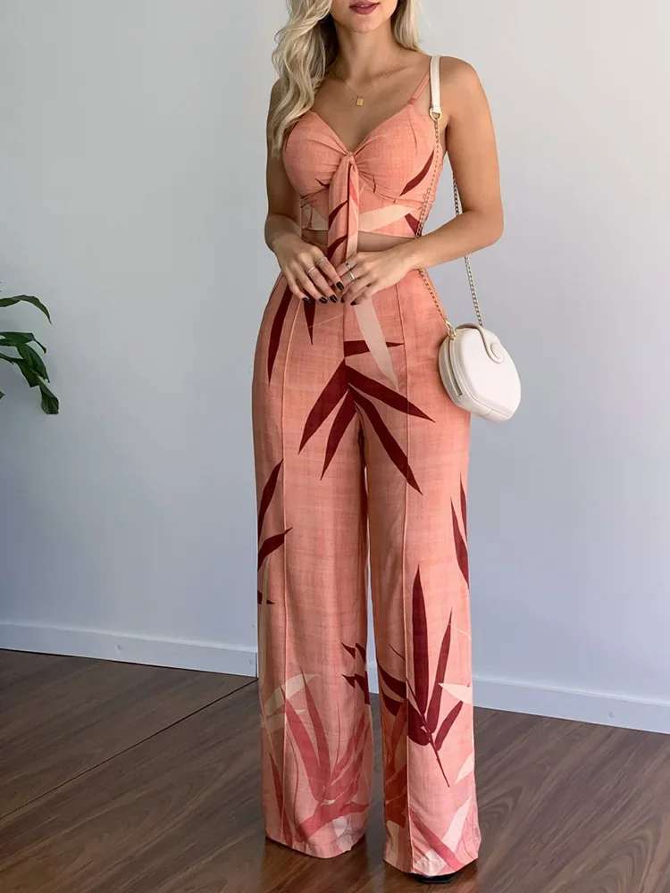 Leaf Print Backless Spaghetti Strap Cami Tops & High Waist Wide Leg Pants Set Summer Women Two Piece Set