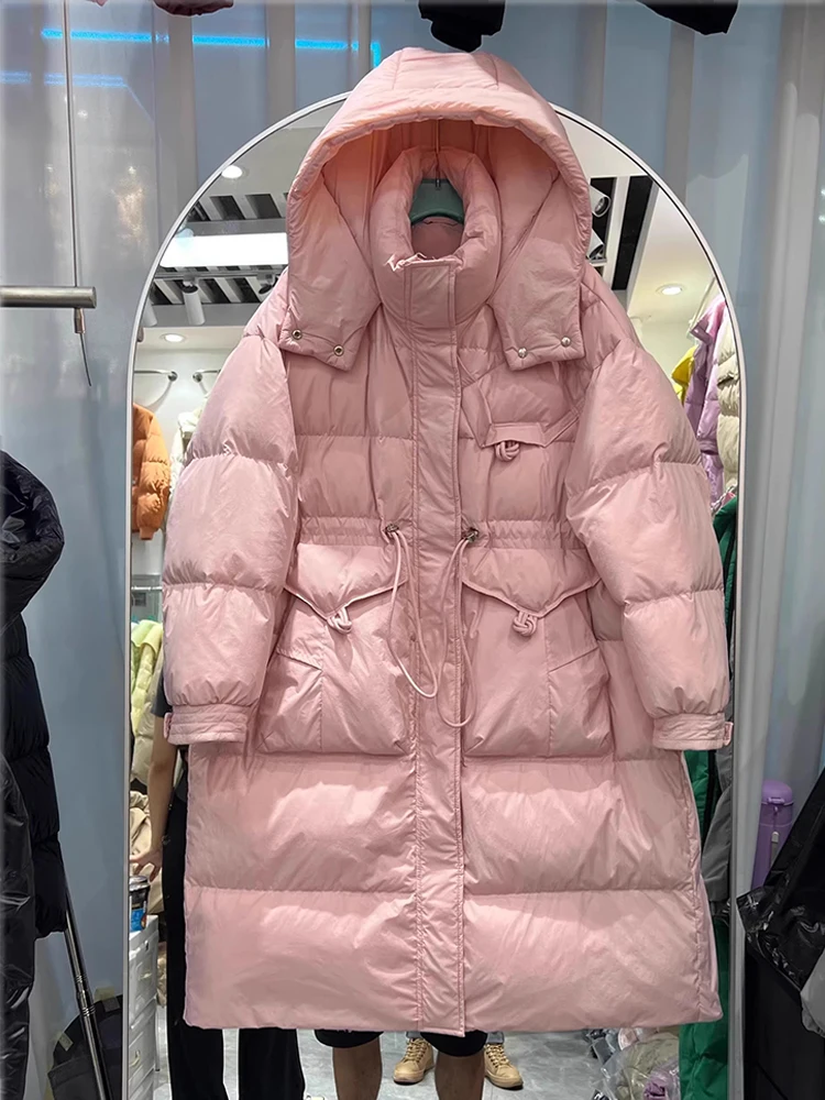 Inverno novo quente casual grosso longo outwear pato branco para baixo casaco 2025 versátil cor sólida com capuz jaqueta para mulher