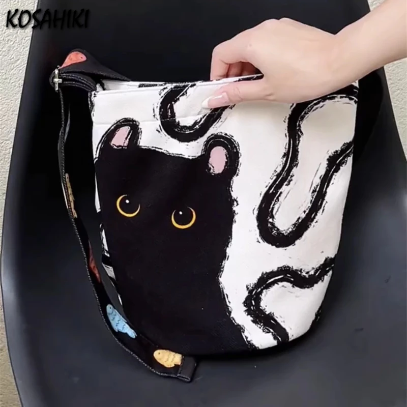 

Japanese Sweet Kawaii Women's Handbags Fashion Cartoon Cat Print Shoulder Bags Y2k Aesthetic Cute All Match Underarm Bag Trendy