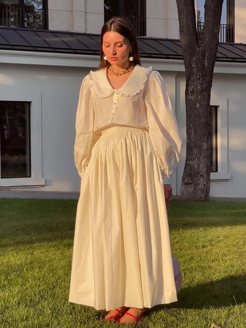 

Marthaqiqi Cotton Female Sleepwear Set Turn-Down Collar Pajamas Long Sleeve Nightwear Long Skirts Casual Women'S Nightgowns Suit