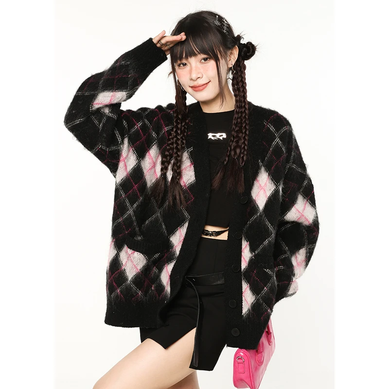 Women Black Cardigan Sweater Diamond Check Outerwear Korean Fashion Leisure Lazy Wind Winter Single Breasting Knitting Coat