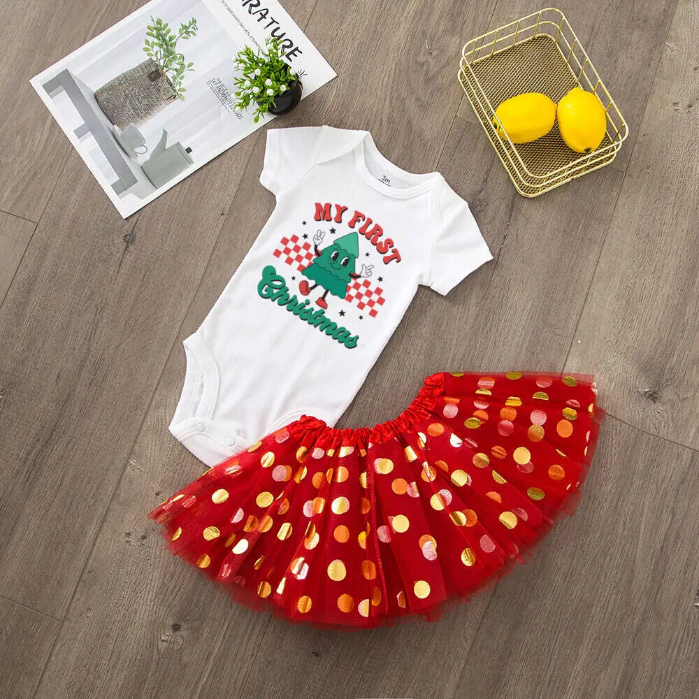 My 1st Christmas Baby Romper Tutu Skirts Set Girls Christmas Cake Dresses & Short Sleeve Bodysuit Toddler Xmas Party Outfits