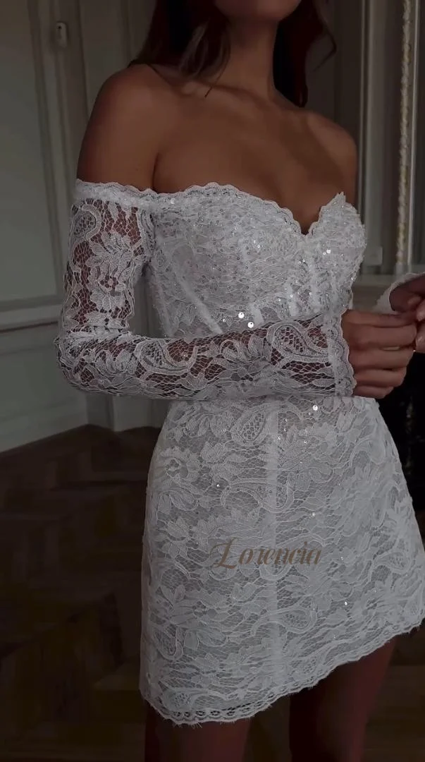 Lorencia Off the Shoulder Short Lace Wedding Dresses Long Sleeves Boned Corset Mini Bridal Gowns After Party Customized