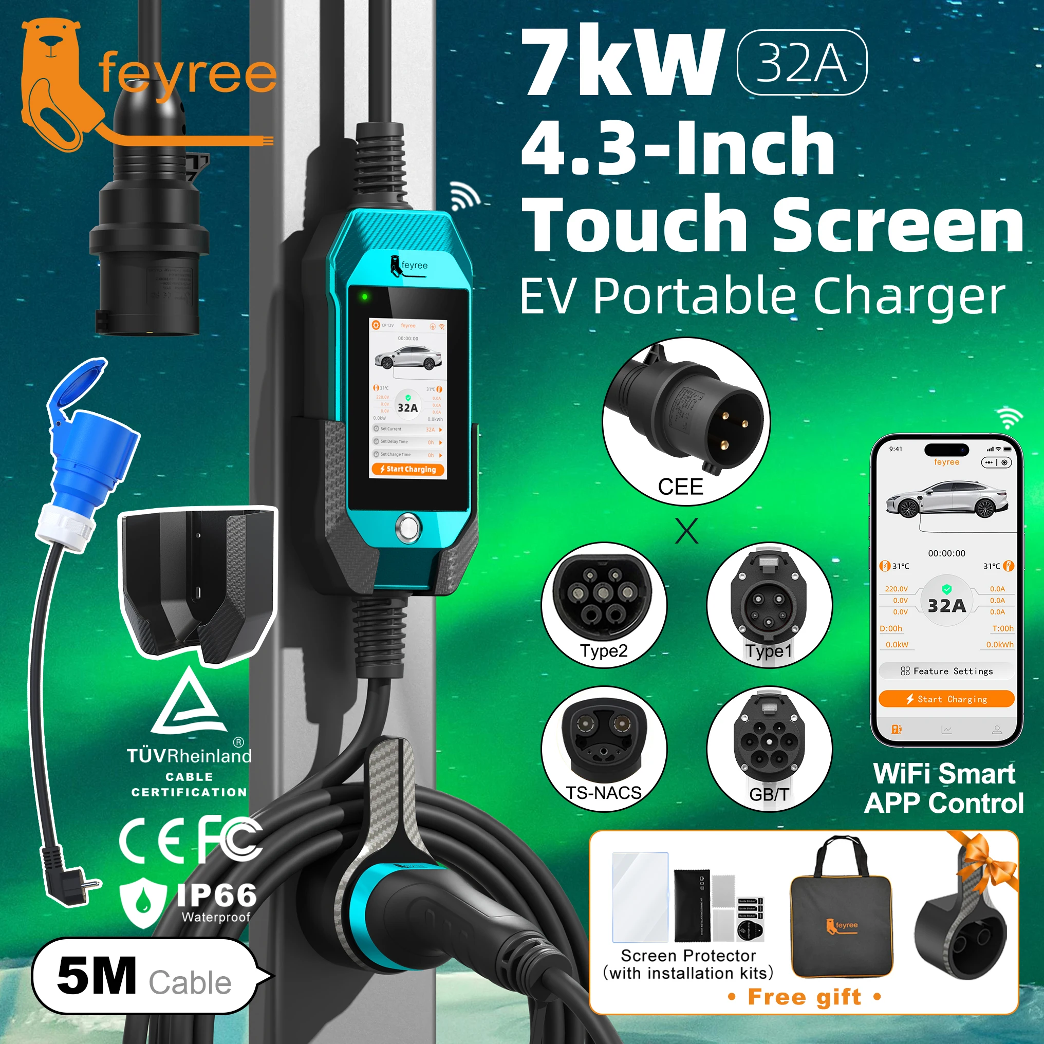 

feyree EV Charger 4.3inch Touch Screen Type2 /Type1 /GBT /TS-NACS 32A 7kW 1P Portable Charger Smart APP WiFi Control for EV Cars