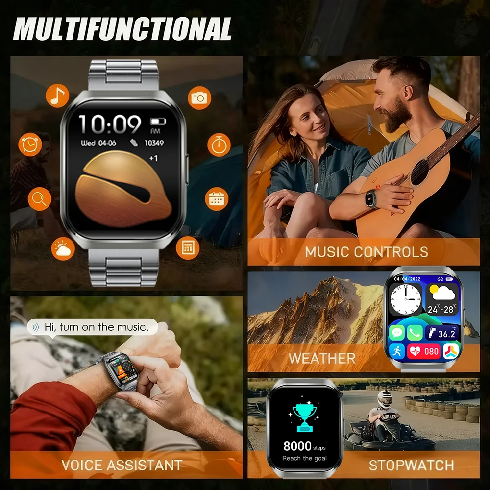 New 1000mAh Battery Smart Watch Men 10ATM Waterproof 2.01-inch AMOLED Screen HD Call Flashlight Sports Military Fitness Bracelet