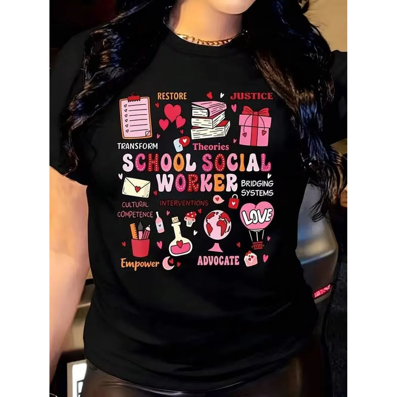 Women's Tops School Social Worker Theme Pattern Prints Casual Crew Neck Short Sleeve, Suitable For Everyday Outdoors, Perfect For All Season Wear