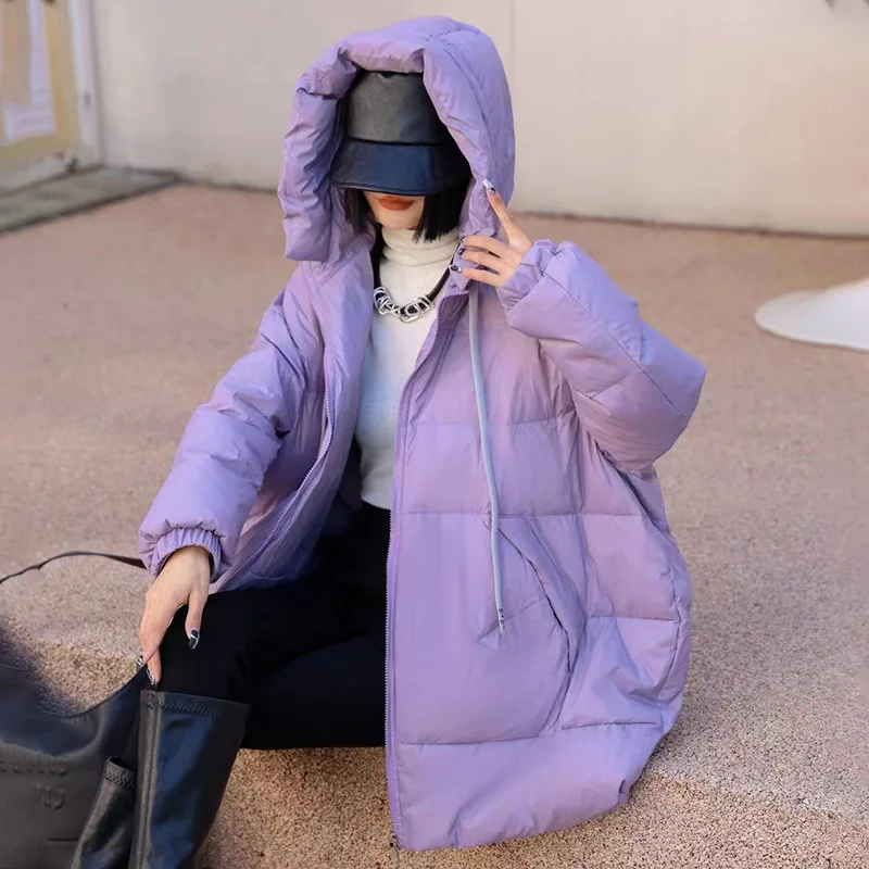 Women\'s Winter Jacket New Thick Warm Large Version Outwear Fashion Casual White Duck Down Loose Mid-length Hooded Down Jacket
