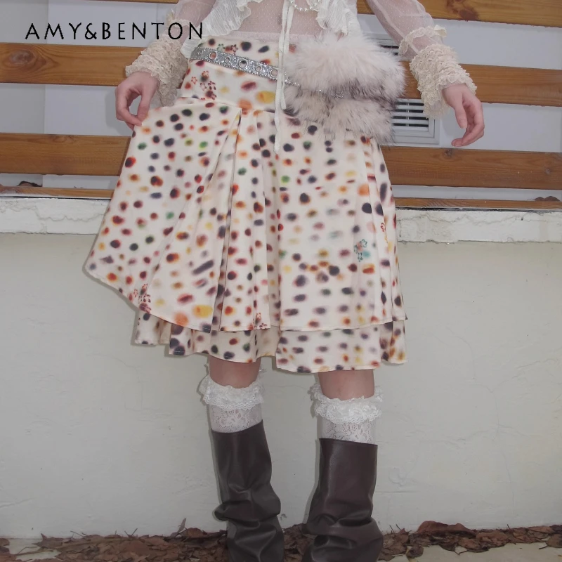 

American Retro Colorful Polka Dot Sweet Cool Women's Skirt Autumn New Loose Slimming Versatile High Waist A-line Skirts Ladies