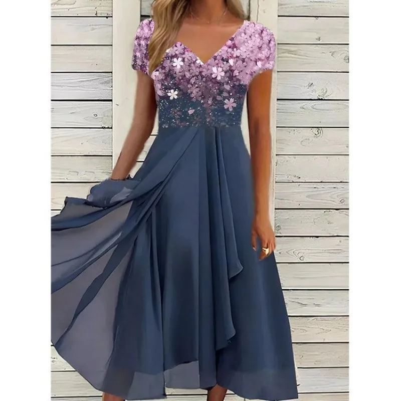 

Fashion Summer Women's Dress Elegant Chiffon Patchwork Dresses Short Sleeved Print Evening Party Dress Vestidos 2025