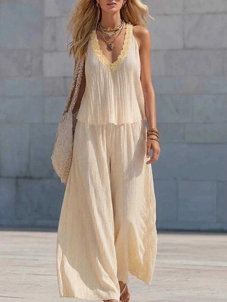 New Lace V-neck Pleated Striped Vest 2 Piece Set Casual Loose Sleeveless Top Slimming Wide-leg Pants Women Home Wear Suit