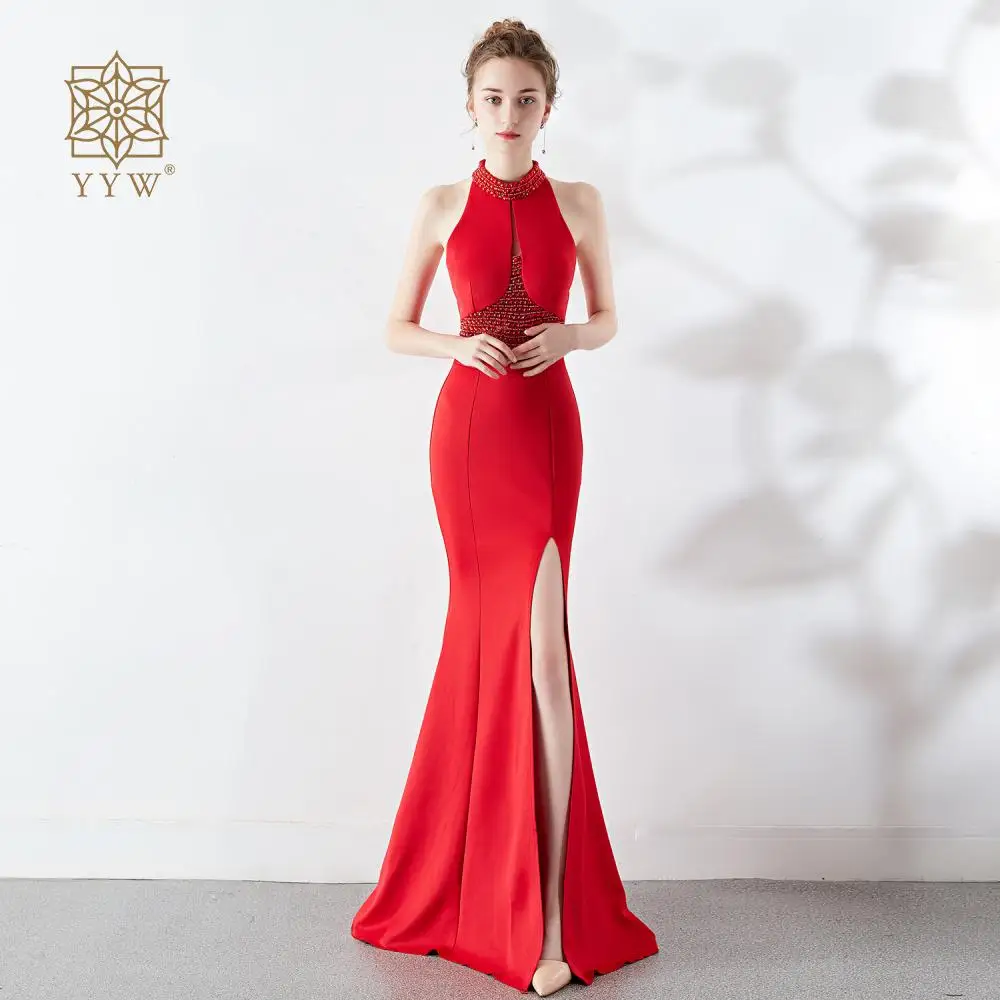 Rotes Neujahrs spiel kleid für Frauen sexy A-Linie rücken freies Hochzeits bankett kleid Damen elegante Perlen Seite Slip Abend Vestido