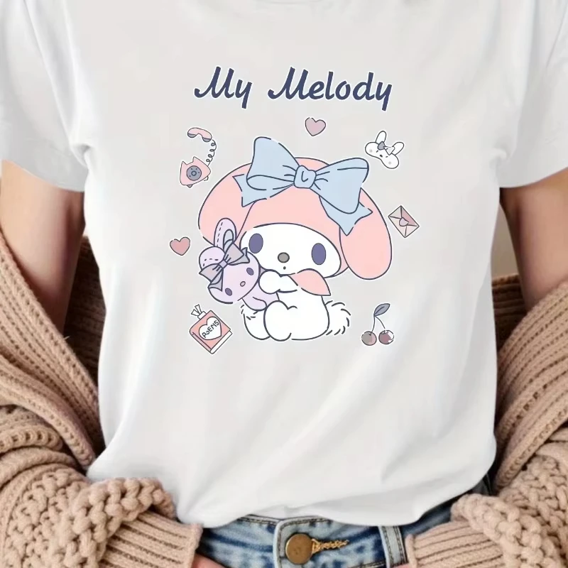 

My Melody Women's Plus Size T-shirt Cute Print 2025 Summer Novel Leisure Multi Functional Loose Short Sleeve Cotton Y2K Top