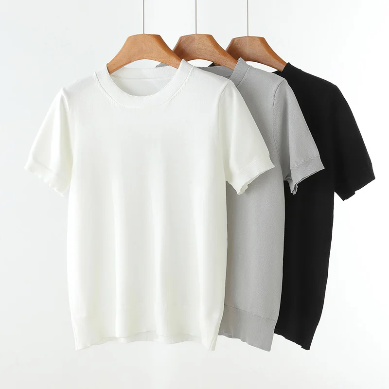

Summer new women's short sleeved ice silk knitted women's O-neck T-shirt basic style hot selling women's pullover short sleeved
