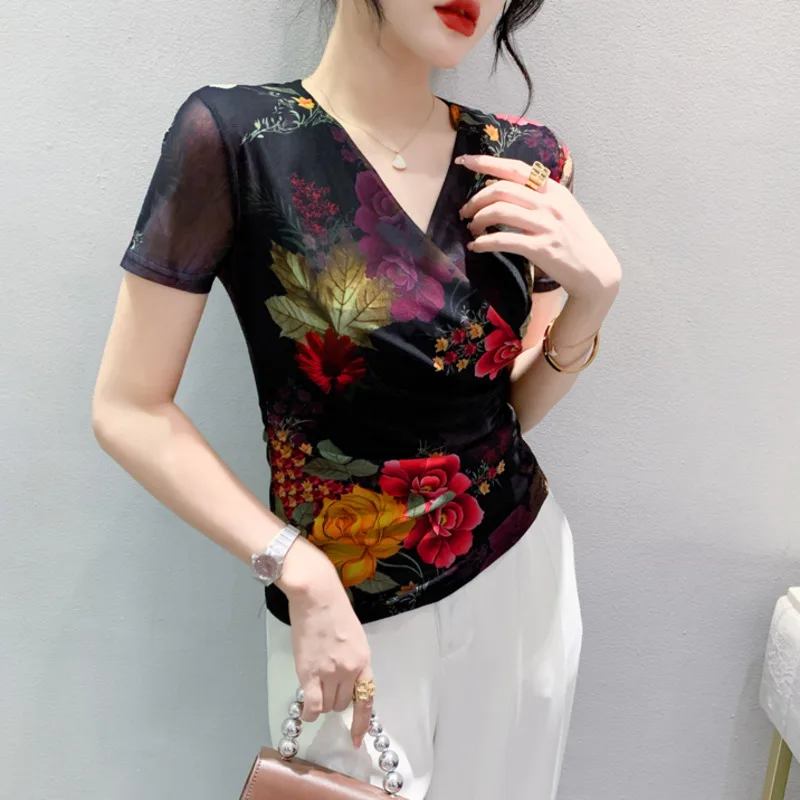 # 5896Zomer Bloemen Gedrukt Mesh T-shirt Vrouwen Zwarte Korte T-shirt Vrouwelijke Dunne V-hals Vintage Office Wrap T-shirt Femme Elastisch