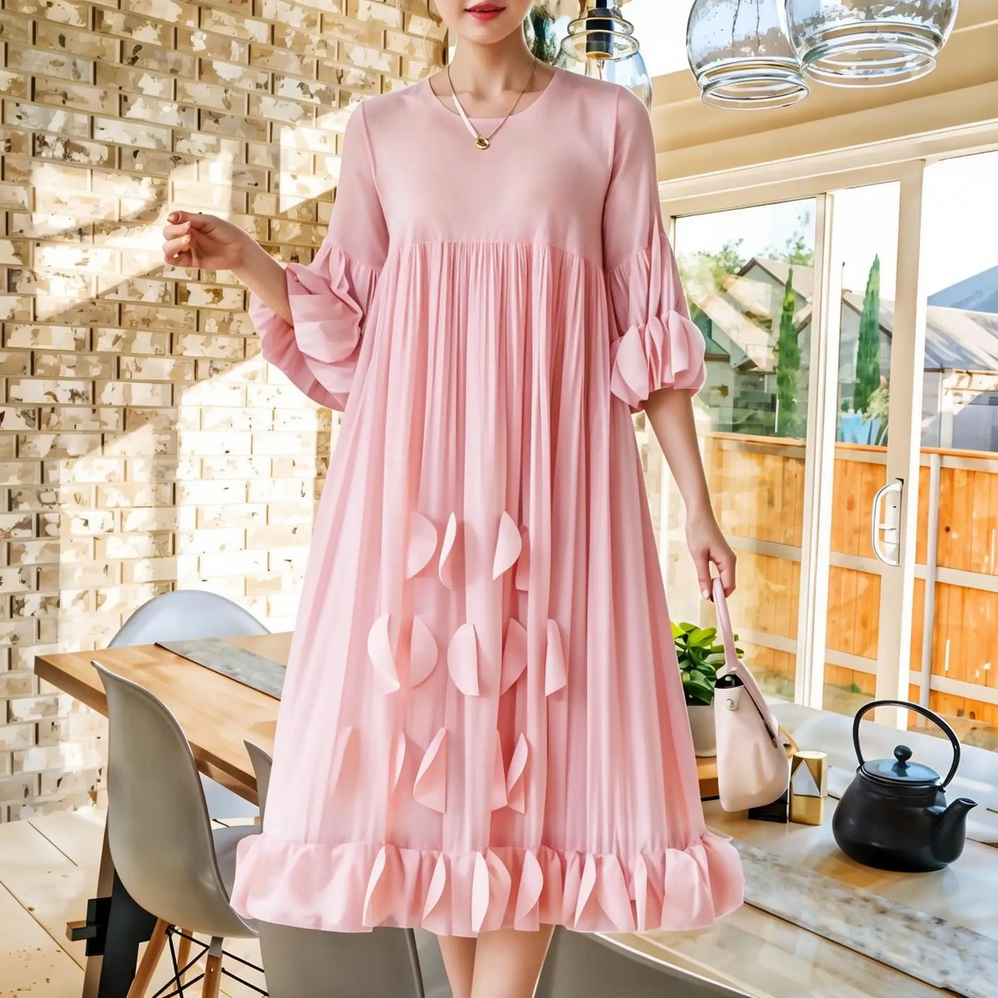 

2025 Summer Miyake Pleated Heavy Pleated Plus Size Casual Loose Dress Casual Women's Fashion Pleated Round Neck Simple Clothing