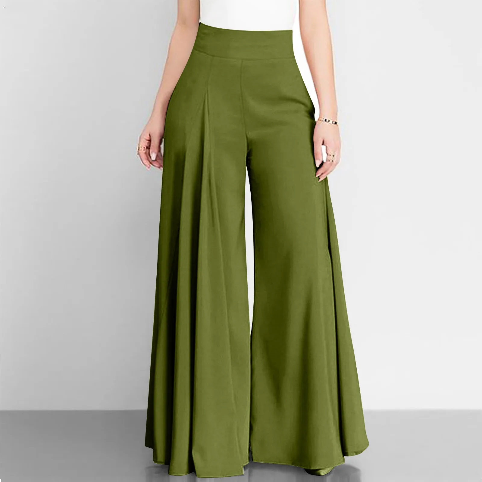 Women Summer Wide Leg Pants Fashion Casual High Waist Elegant Flare Trousers Solid Holiday Loose Female Long Pants With Pockets