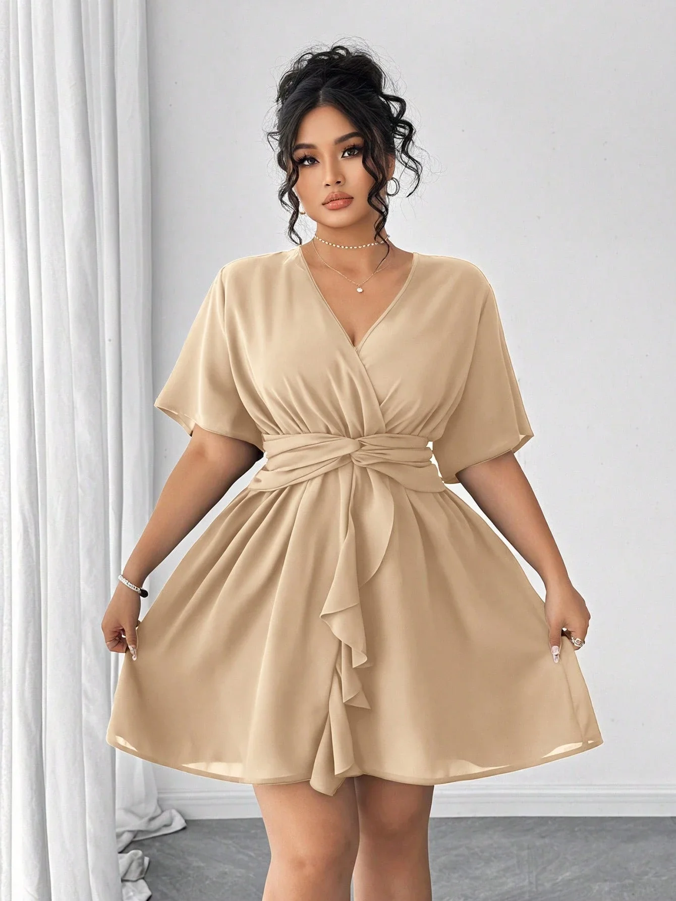 

Beige Wrap Mini Dress With Ruffle Hem Deep V-Neck Short Sleeve A-Line Summer