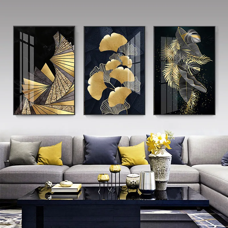 Japanese Luxury Black Golden Leaf Abstract Geometry Unframed Canvas Painting Posters For Living Room Bedroom Home Wall Art Decor