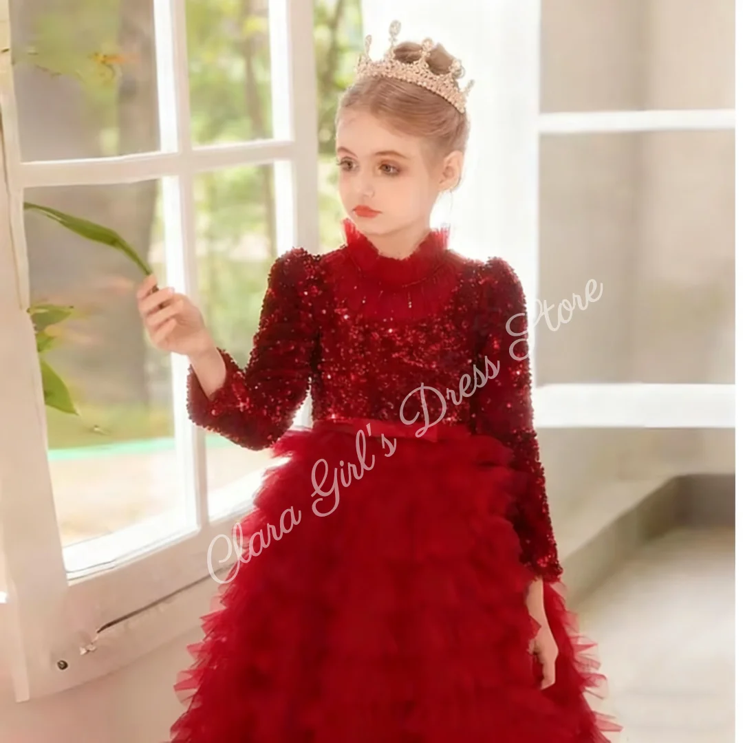 Элегантное свадебное платье с высоким воротом и пайетками, длинными рукавами, тюлевая юбка, детское праздничное платье для причастия и бала на заказ