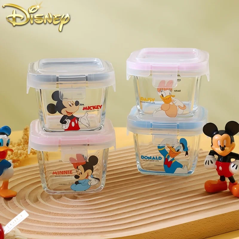 Disney Mickey Mouse Minnie Borosilicate Glass Lunch Box With Lid Square Microwave Oven Soup Box Cartoon Lunch Box 4pcs Gift