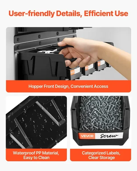 Wall Mounted Storage Bins, 12 Plastic Bins & 3 Metal Rails, Plastic Hanging Stackable Storage Bin for Screws, Nuts, Bolts