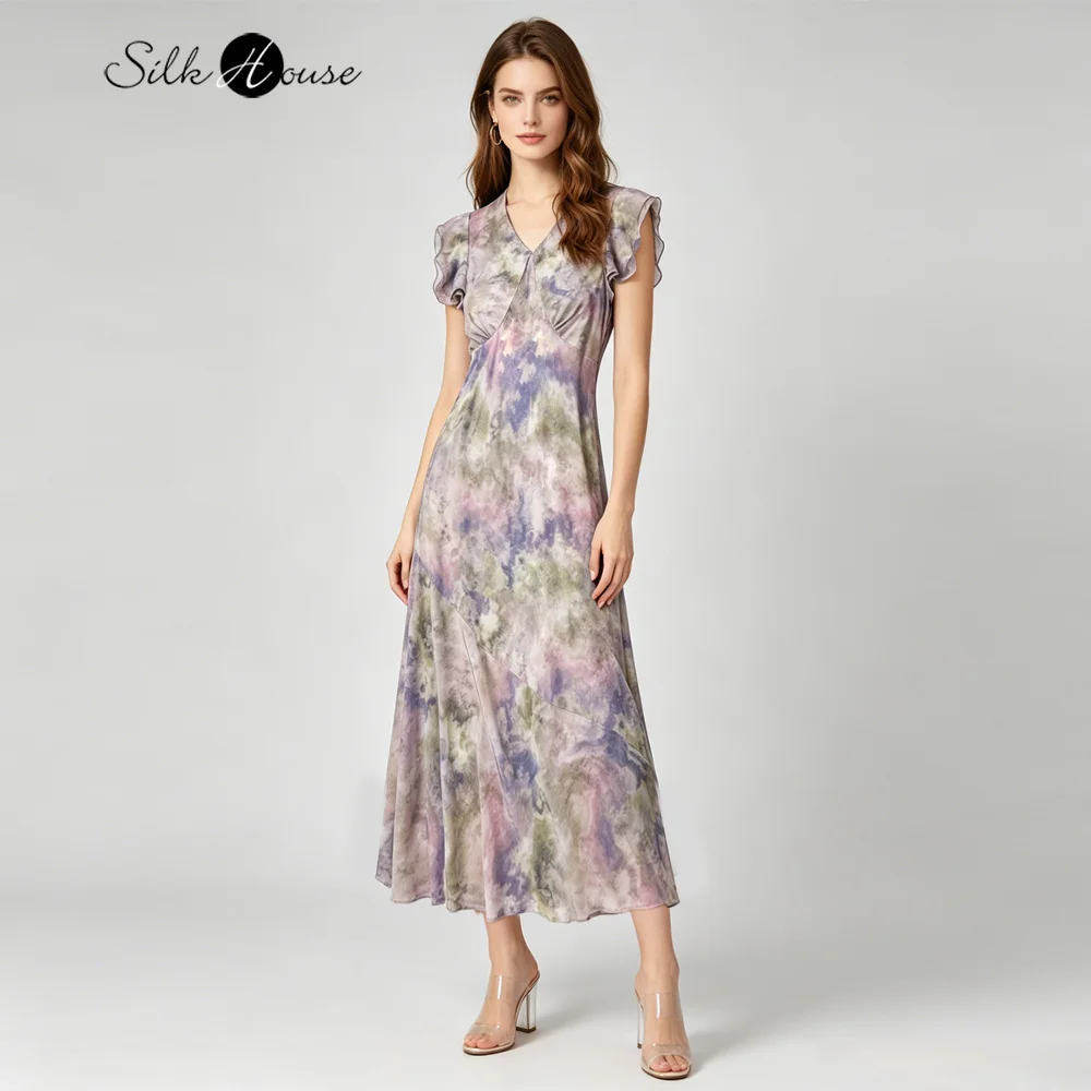 French Oblique Cut 100% Natural Mulberry Silk Double Crepe Double-layer Lotus Leaf Sleeves Slim Fit V-neck Party Evening Dress