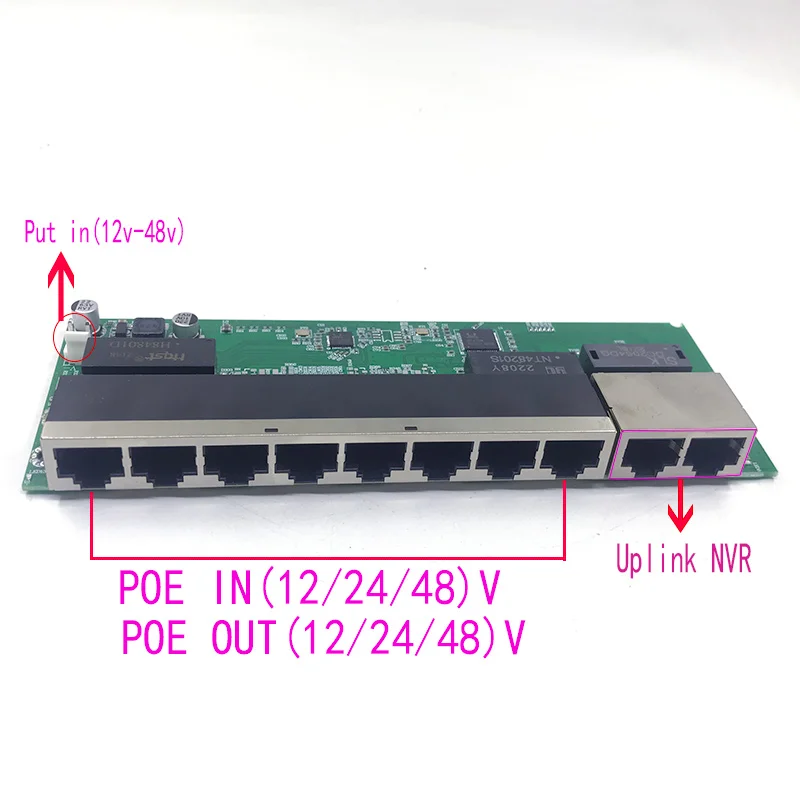 Switch embutido poe 12v/24v/48v, comutador poe out12 v/24v/48v, 100 mbps poe poort;100 mbps up link poort; interruptor fonte poe nvr