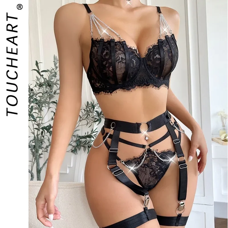 

Toucheart Sexy Lingerie Set for Women Mesh Patchwork Metal Chain Hollow Out Solid Color See-Through Garter Belt Underwear Set