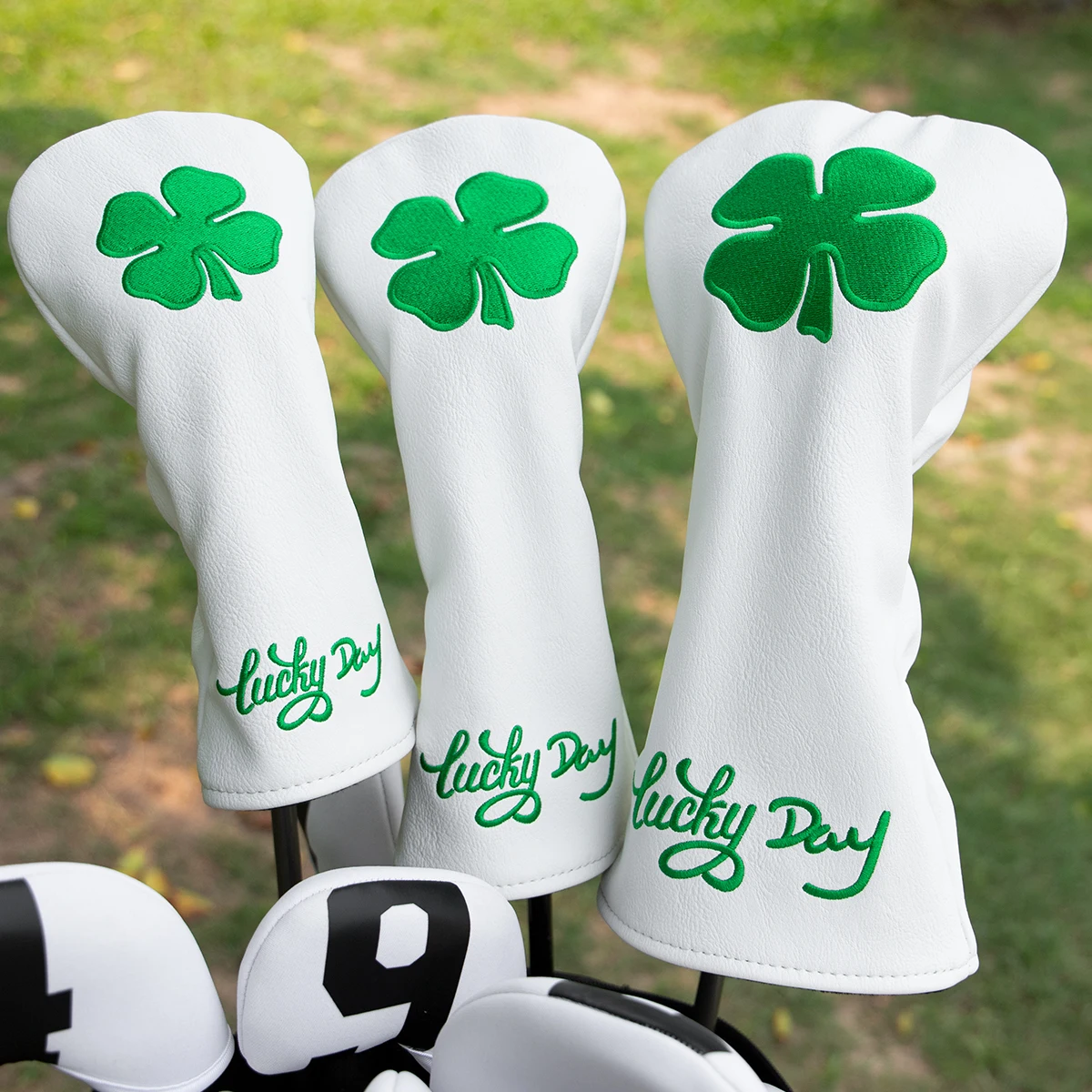 Branco Premium Couro Golf Headcovers, Lucky Clover Head Cover, Alta Qualidade Driver Wood Cover Set, Fairway Hybrid Golf Madeira