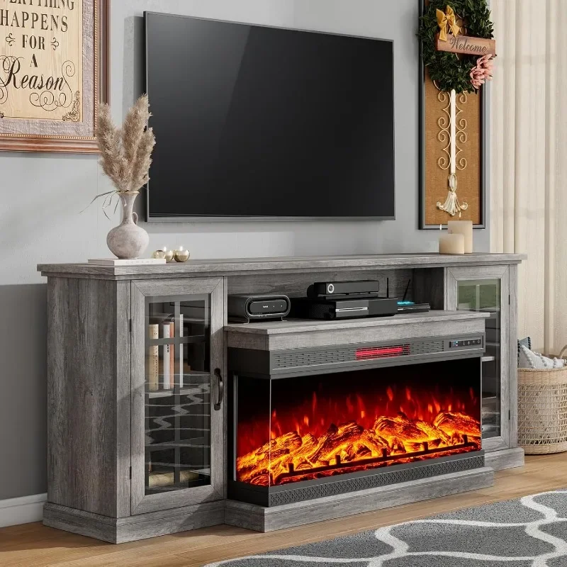 

75" Fireplace TV Stand with 3-Sided Glass Electric Fireplace, Media Entertainment Center with Farmhouse Glass Door Storage