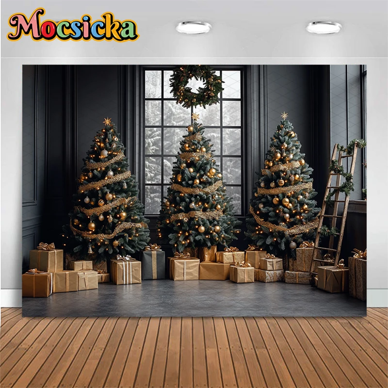 Mocsicka Christmas Tree Photography Backdrop Five-Pointed Star Gift Window Indoor Grey Wall Background Celebrate Decor Photocall